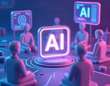 A glowing neon AI sign surrounded by digital human figures in a futuristic technology concept.