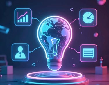 Glowing neon light bulb with a digital world map inside, representing global innovation and business data analytics.