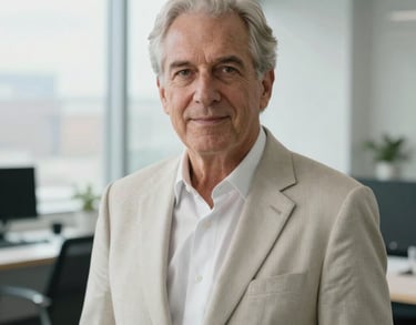 A professional portrait of a senior advisor in a bright, modern workplace, wearing professional North American / International clothing, soft daylight from a window, Mist White tones.