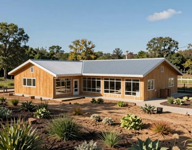 A wide shot of a newly constructed community center with sustainable architecture, surrounded by local flora, bright midday sun, North American / International region.