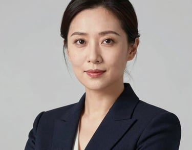 A professional headshot of a woman in an elegant blazer, looking forward with an authoritative yet accessible expression, clean neutral background, North American / International style.