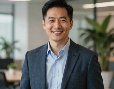 A professional portrait of a male program director in business casual attire, smiling confidently against a soft-focus background of a modern office with indoor plants, North American / International context.