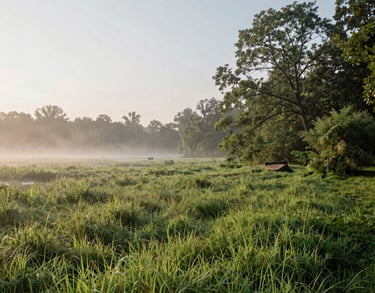 A peaceful landscape showing a restored local wetland or park area, symbolizing environmental responsibility, soft morning mist, North American / International nature scene.