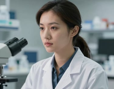 A headshot of a female researcher in a modern laboratory or office setting, wearing professional attire, looking focused and capable, North American / International context.