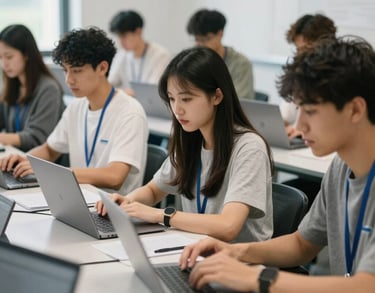 A group of young adults engaged in a vocational training workshop, using laptops in a bright, modern learning center, North American / International setting, emphasizing hope and progress.