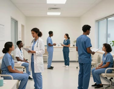 An interior shot of a clean, modern community health clinic, bright and welcoming atmosphere, professional medical staff in North American / International attire, soft Mist White lighting.