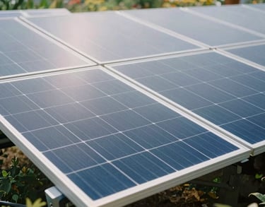 A close-up photograph of a solar panel installation in a community garden, representing sustainability, soft natural daylight, North American / International setting, featuring shades of Mist White and Deep Sage Green.