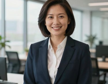 A professional portrait of a sustainability officer in a bright, modern office with large windows, wearing North American / International professional attire, professional lighting.