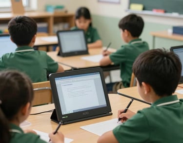 A candid shot of children in a bright, well-resourced classroom learning from digital screens, warm natural lighting, North American / International education setting, shades of Deep Sage Green.