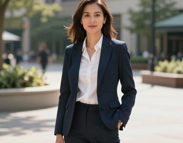 A professional portrait of a community outreach coordinator, wearing a smart casual outfit, standing in a sunlit urban plaza with greenery, North American / International context.