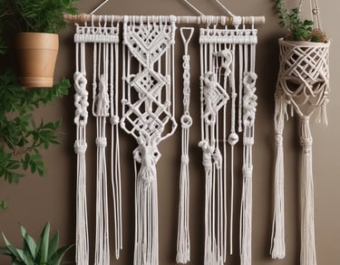 Tapiz decorativo y colgador de plantas en macramé blanco hechos a mano, exhibidos junto a plantas