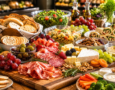 Gourmet charcuterie board featuring cured meats, cheeses, olives, fresh fruits, and artisan bread for party catering.