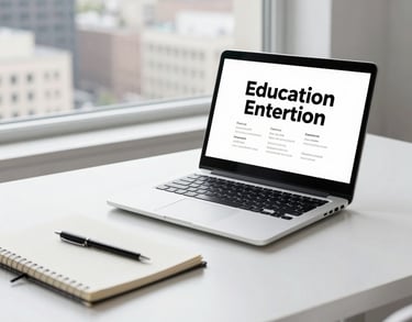 A high-key photograph of a laptop and notebook on a clean white desk next to a window overlooking a North American city, symbolizing education and strategic planning.