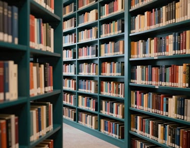 A serene library setting in the US, with tall shelves of books and a peaceful reading area, featuring deep teal accents and warm lighting.