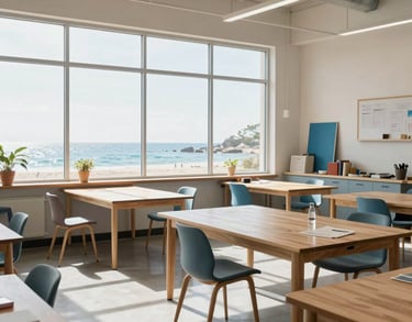 An interior shot of a bright community workshop space in the US, with natural light pouring through large windows, modern wooden furniture, and clean ocean blue accents.
