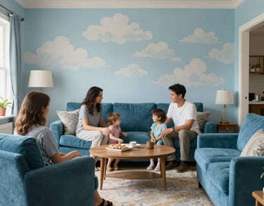 A warm, inviting family center interior in the US, with comfortable furniture in ocean blue and walls decorated with soft sky blue patterns, conveying safety and support.