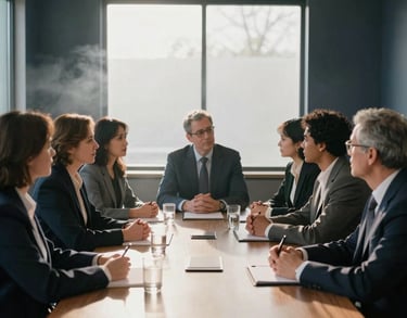 A group of diverse professionals having a collaborative discussion around a large table in a sunlit North American meeting room, featuring soft mist and dark navy decor.