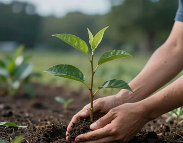 A close-up photograph of hands planting a young tree in a community garden, symbolizing sustainable growth, soft morning light in a North American park setting, with hints of sky blue and deep teal in the surrounding foliage.