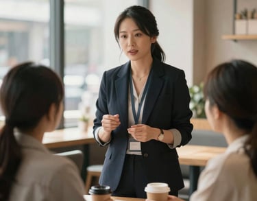 A professional female mentor speaking to a young adult in a modern North American cafe, soft morning light, conveying trust and empowerment.