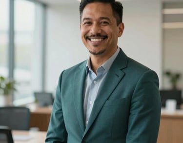 A professional portrait of a community leader in a North American setting, smiling warmly, wearing a deep teal blazer, with a soft-focus background of a clean modern office.