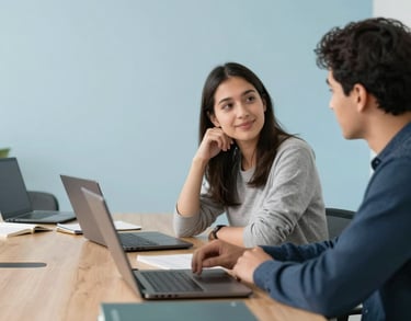 A bright classroom setting in North America, showing a mentorship session with books and laptops on a light oak table, soft mist and sky blue wall colors, creating a focused and uplifting atmosphere.