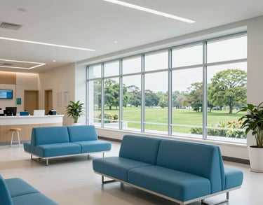 A modern healthcare facility lobby in the US, featuring clean lines, comfortable seating in ocean blue, and large windows looking out onto a peaceful green landscape.
