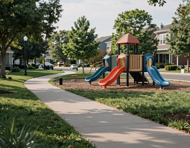 A peaceful outdoor scene of a North American suburban park with a modern playground and walking paths, reflecting community well-being and clean urban design.