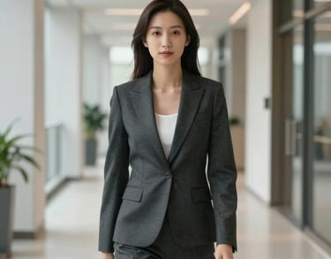 A professional portrait of a woman in a charcoal blazer standing in a bright, modern hallway with clean lines. North American corporate setting, sophisticated mood.
