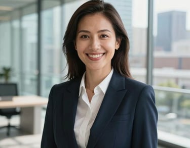 A professional headshot of a woman in business attire, smiling warmly in a modern glass-walled office in a North American city. Natural daylight, clean composition.