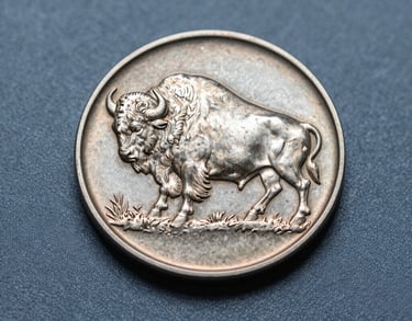 A professional shot of a rare nickel with a buffalo design, positioned on a sophisticated muted blue textile background.