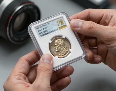 A professional shot of an expert's hands holding a rare coin in protective housing. Clean, professional, and trustworthy atmosphere. North American setting.
