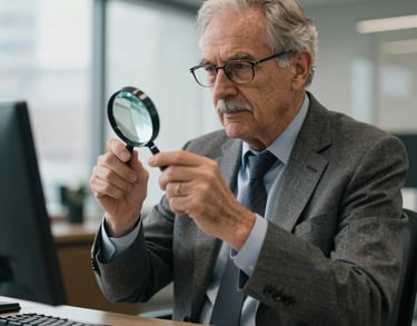 A professional portrait of a senior numismatist in a modern office, wearing a grey suit and holding a magnifying glass. North American / US office environment, modern and professional.