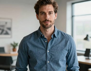 A professional portrait of a man in a muted blue shirt, looking confident in a bright, modern creative studio. North American / US professional setting.