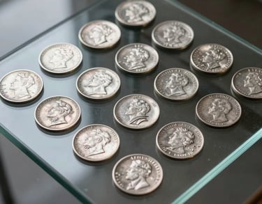 A high-resolution photograph of a collection of rare silver quarters neatly arranged on a modern glass tabletop. Clean and inspiring composition.