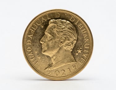 A photography shot of a single high-value gold coin against a soft white background, perfectly centered with elegant lighting. Simple and professional.