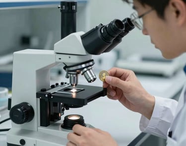 A professional photograph of an expert examining a coin under a microscope in a clean, modern lab setting. Focus on the tools and the professional atmosphere. North American / US context.