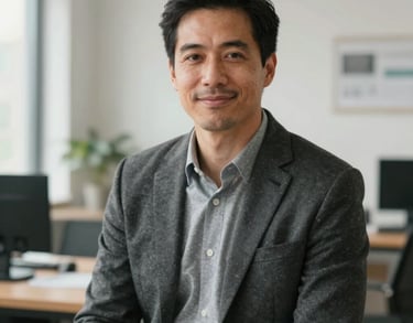 A professional portrait of a man in business casual attire, looking directly at the camera with a friendly and approachable expression, set in a clean North American workspace with soft, natural lighting.
