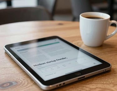 A close-up shot of a modern tablet and coffee mug on a wooden table in a brightly lit Canadian cafe, symbolizing the workspace of a modern startup founder.