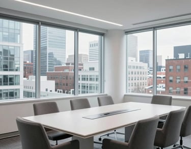 A bright, professional meeting room in Saint John, Canada, with large windows overlooking a modern urban landscape. The room is filled with light and features minimalist furniture in slate gray and cool white tones, capturing an atmosphere of innovation.