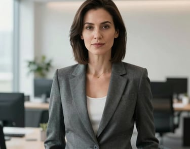 A professional portrait of a woman standing in a contemporary Canadian office, wearing a modern blazer. The background is brightly lit with a clean, sophisticated aesthetic.