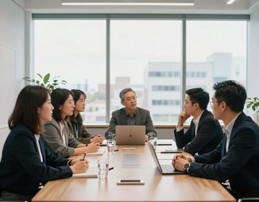 A group of entrepreneurs engaged in a lively discussion around a large conference table in a modern, brightly lit Canadian office building.