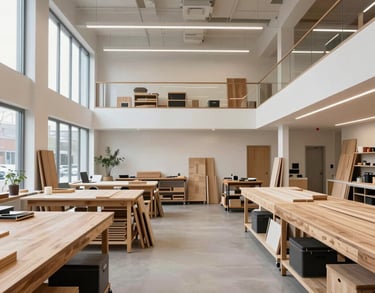 A wide angle interior shot of a contemporary, light-filled workshop space in Saint John, Canada, featuring clean architectural lines and sustainable materials.
