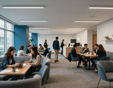 A wide shot of an open-concept collaborative space in a North American innovation hub. Clean lines, soft blue and gray accents, and comfortable seating areas designed for networking and creative thinking.