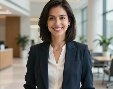 A professional portrait of a woman with a friendly smile, dressed in a contemporary professional outfit, in a bright North American office lobby.