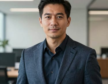 A professional portrait of a man in a smart casual outfit, set against a backdrop of a clean, well-lit modern corporate environment in North America.