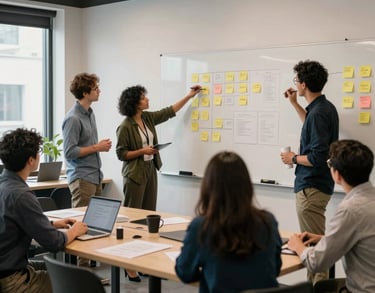 A group of professionals in a Canadian co-working space engaged in a collaborative session, with whiteboards and sticky notes, emphasizing a mood of active innovation.