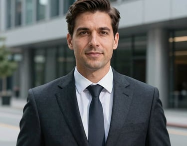 A professional portrait of a man in business attire, looking confident and approachable, set against the backdrop of a modern Canadian architectural structure.