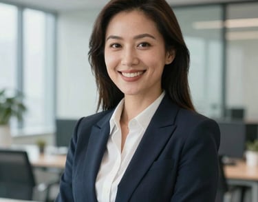 A professional portrait of a woman in business attire, smiling confidently in a bright, modern North American office setting with a blurred background of glass walls and architectural details.