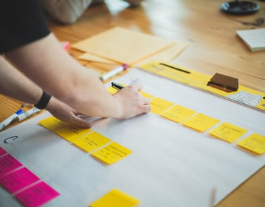 a person standing in front of a white board with sticky notes on it