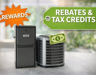New HVAC system with furnace and AC unit, indicating available rewards, rebates, and tax credits for energy efficiency
